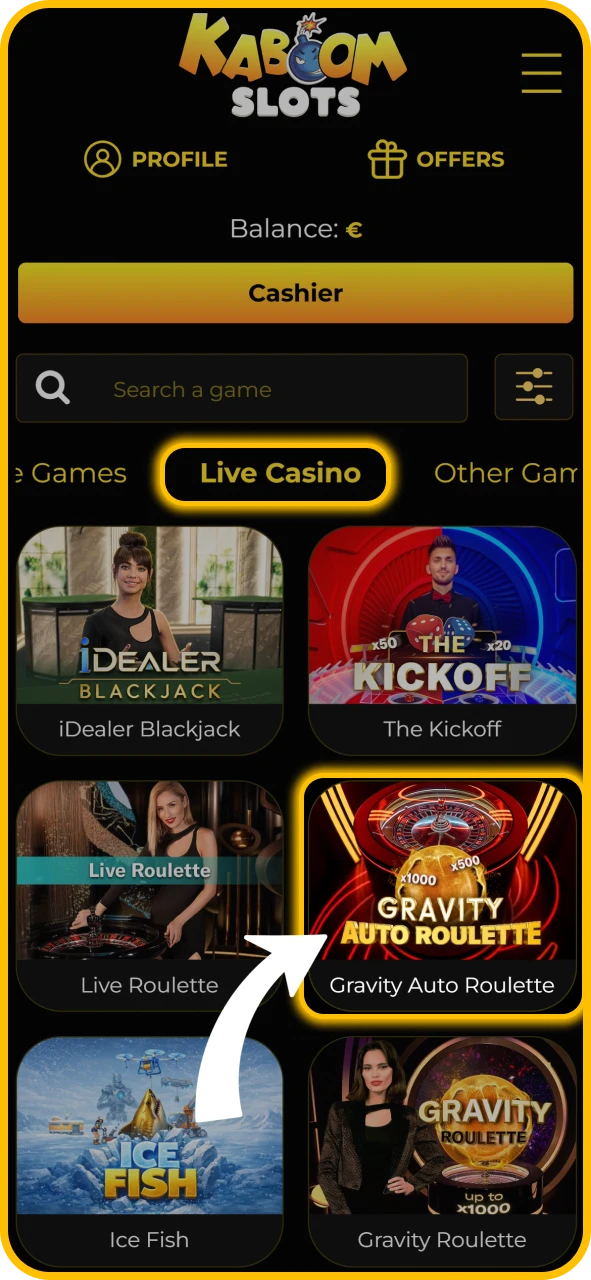 Choose your preferred live casino table at KaboomSlots official.