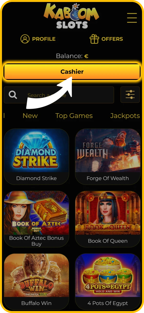 Deposit real money funds securely into KaboomSlots official account.