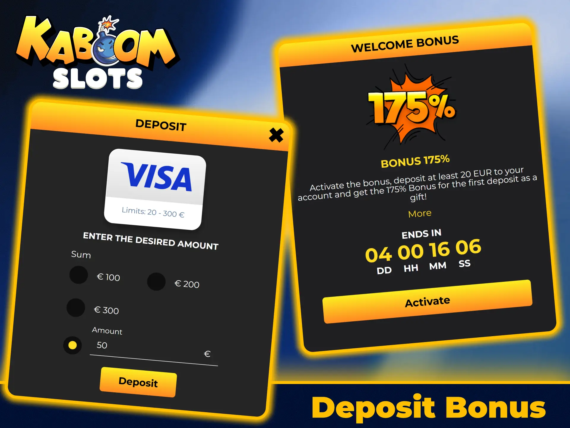 Claim your first deposit bonus on KaboomSlots official casino site.