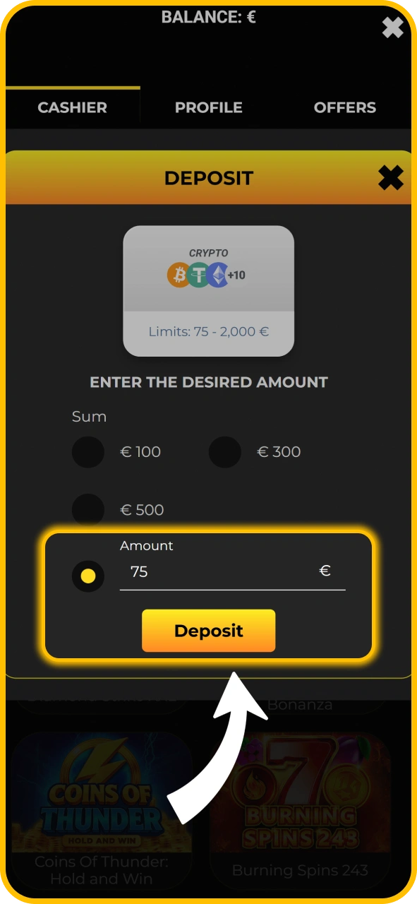 Enter deposit amount and details on KaboomSlots official UK site.