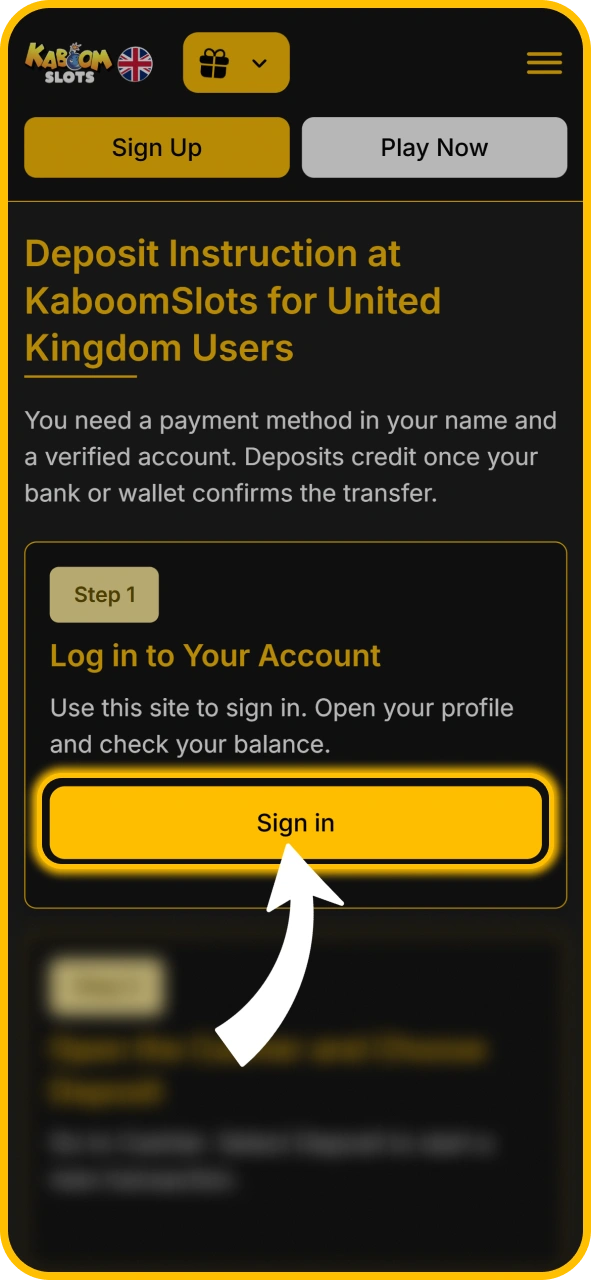 Sign in to your account on KaboomSlots official UK site.