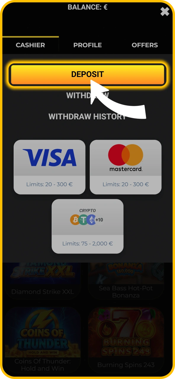 Open cashier deposit options directly on KaboomSlots official UK site.