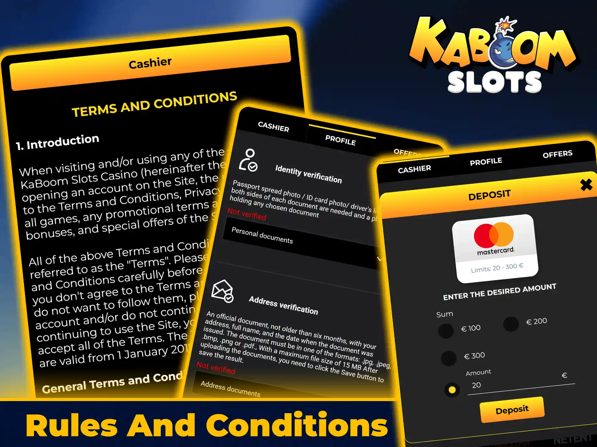 Review payment rules and deposit terms on KaboomSlots official site.