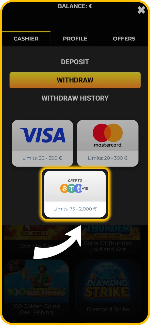 Select your withdrawal destination method on KaboomSlots official UK platform.