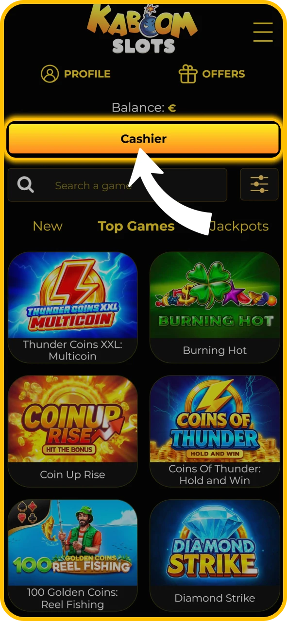 Access the account withdrawal cashier on KaboomSlots official UK platform.