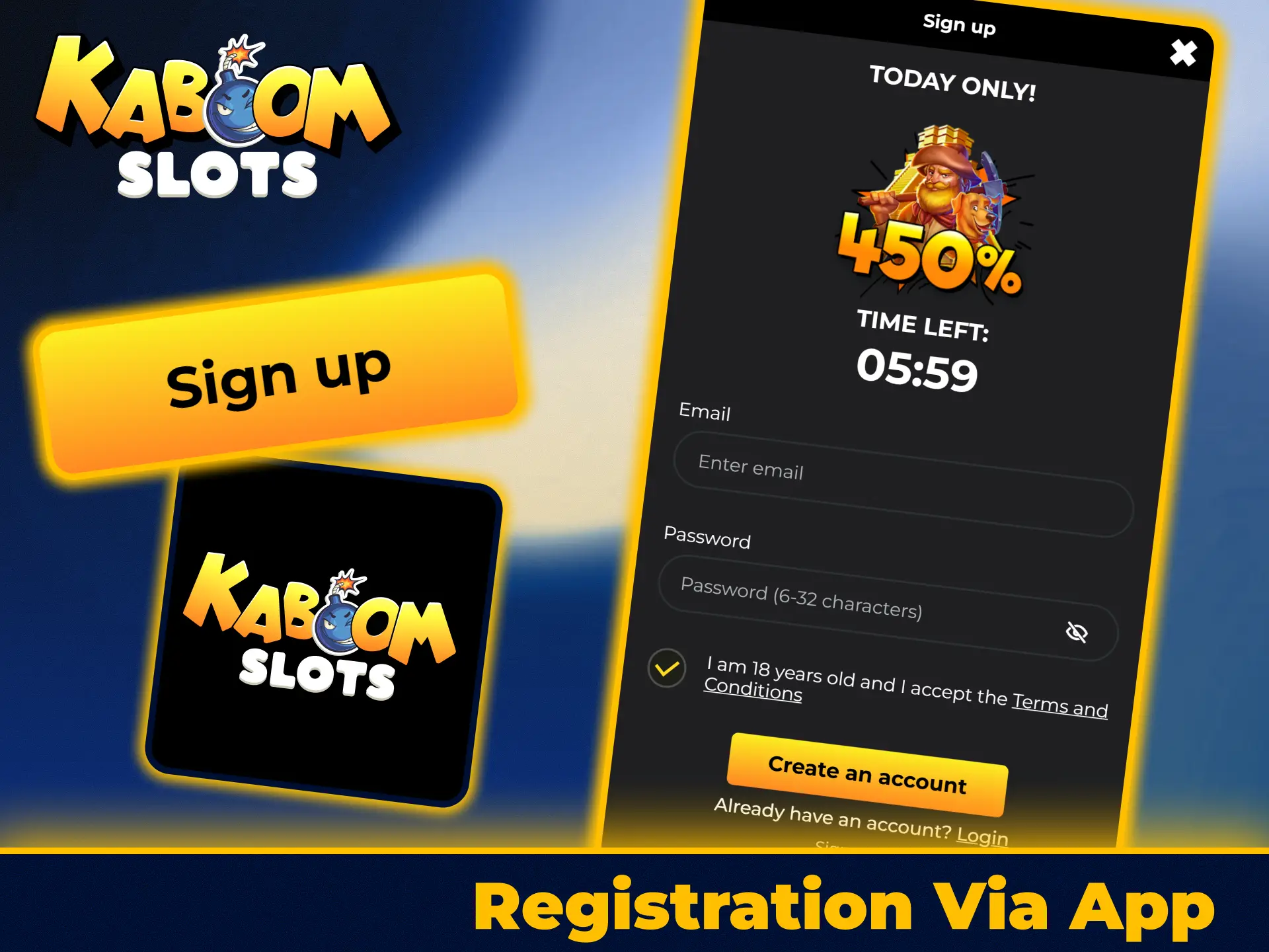 Register a new user profile using KaboomSlots official app.