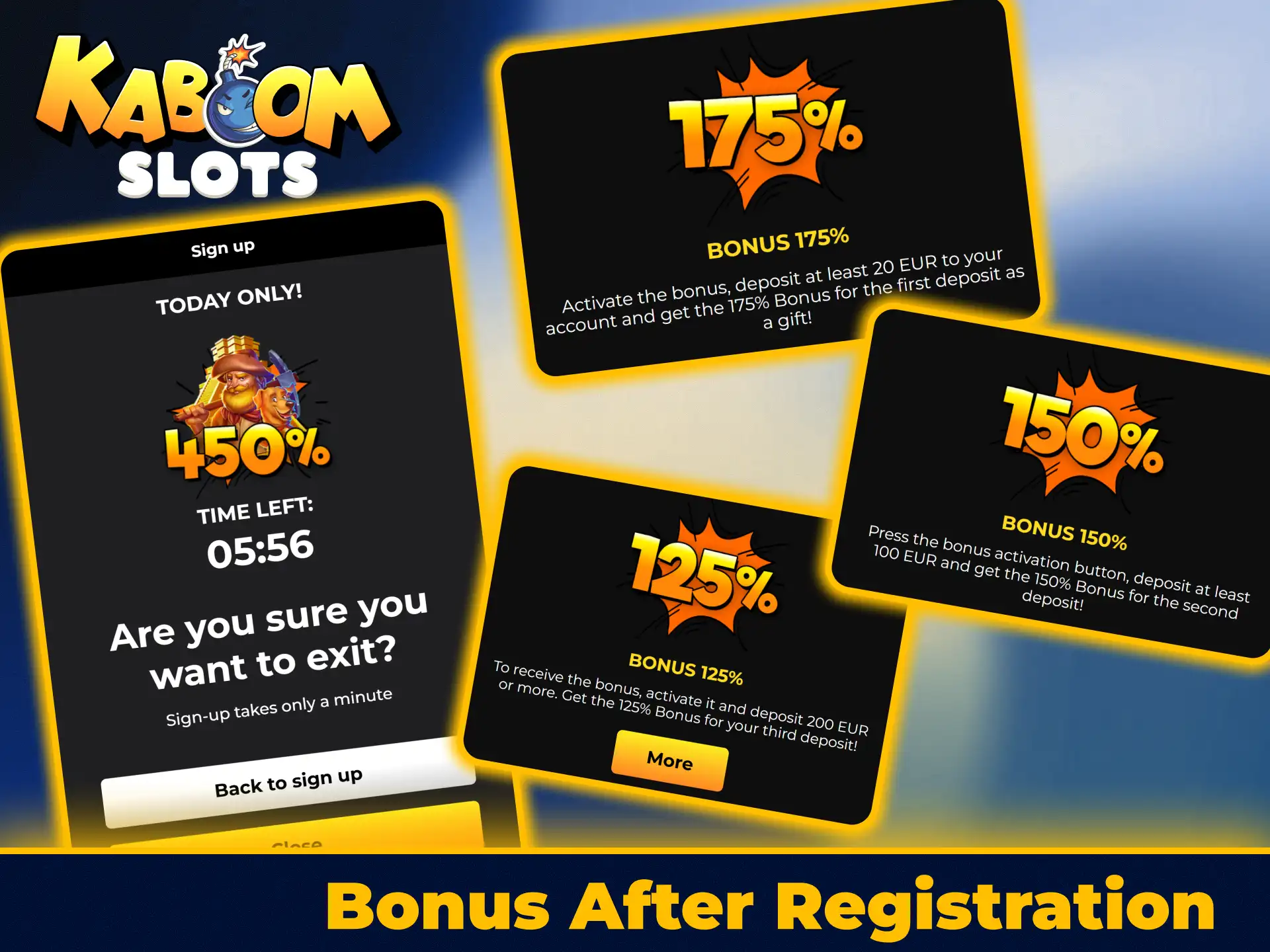 Claim welcome casino bonus packages on KaboomSlots official platform.