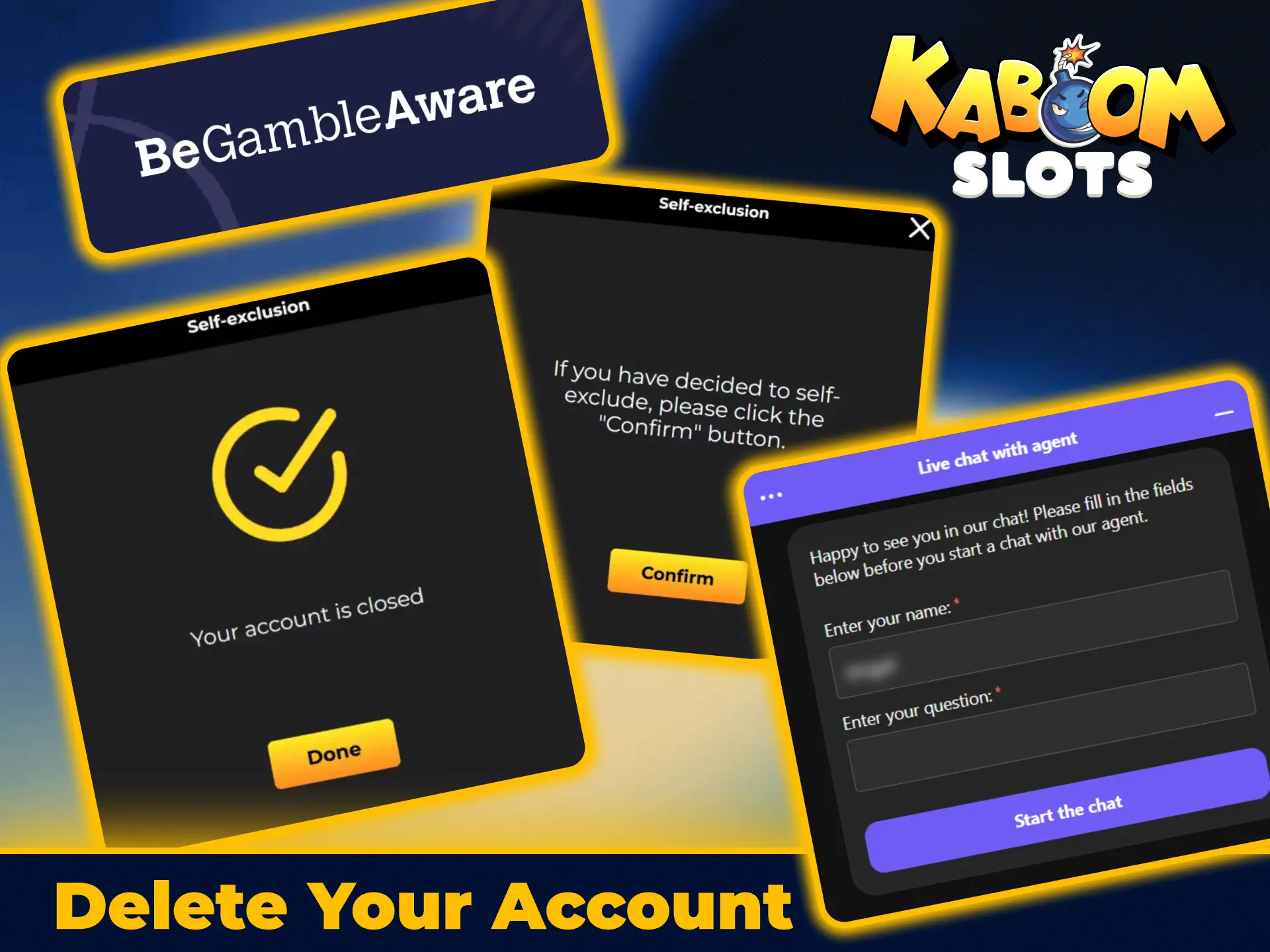 Request permanent account closure and deletion on KaboomSlots official.