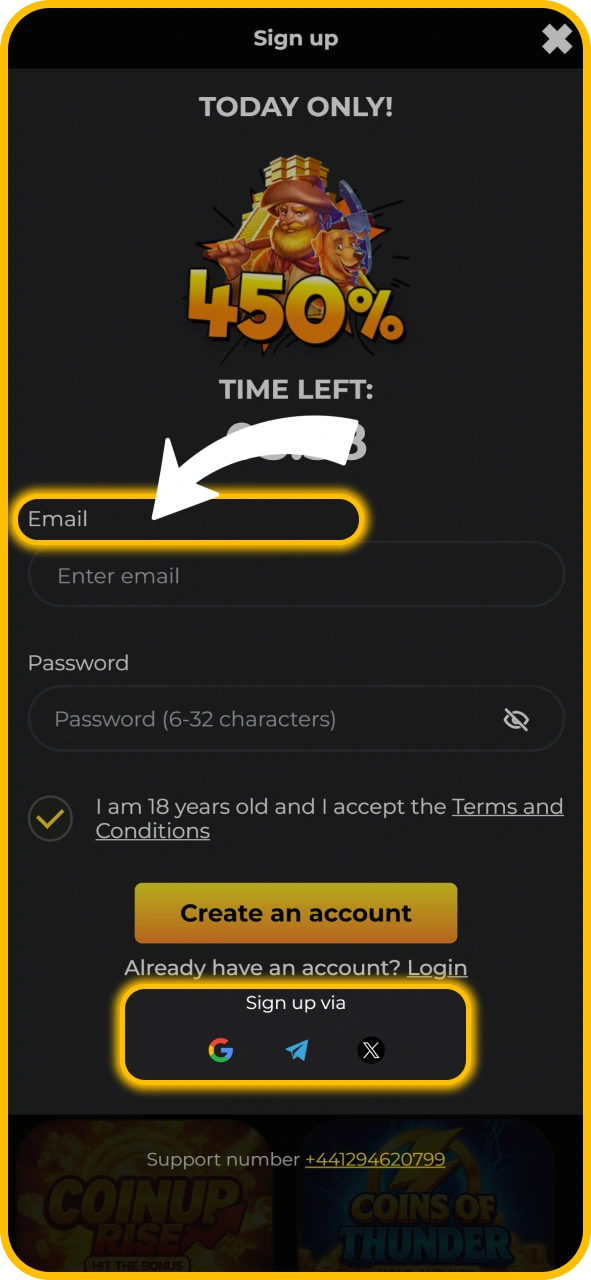 Select your registration method on KaboomSlots official gaming site.