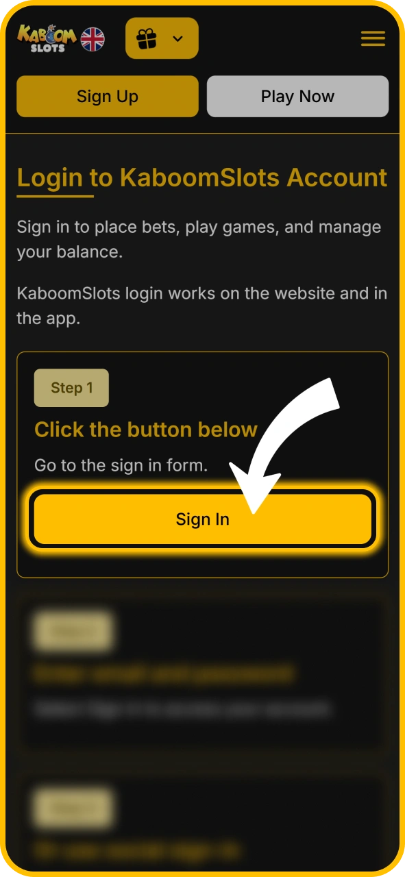 Open the user sign in page on KaboomSlots official.