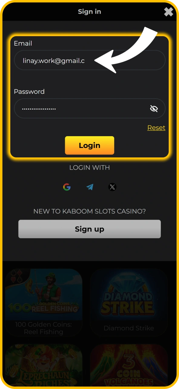 Enter account credentials to sign in on KaboomSlots official.