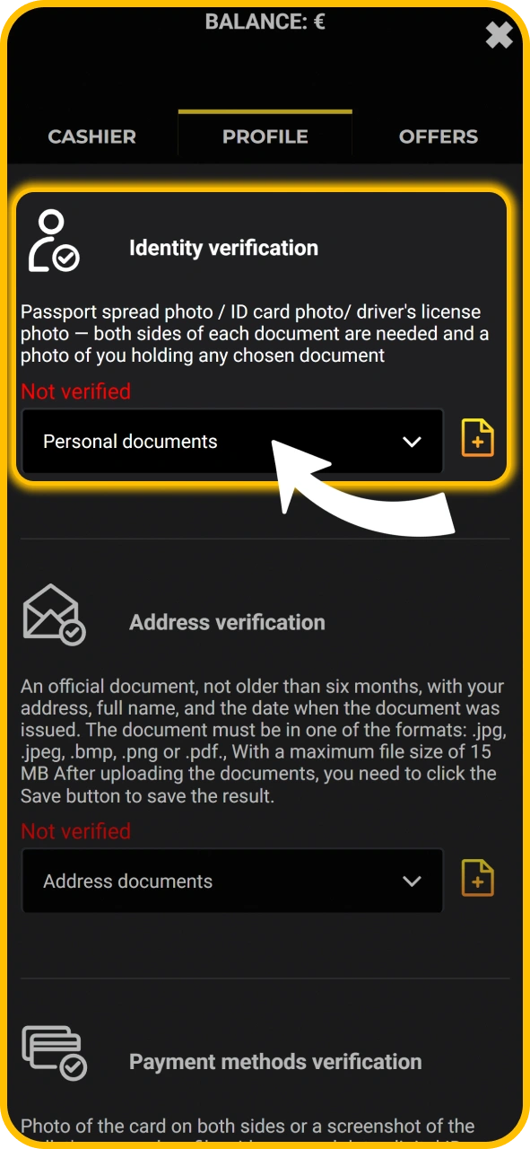 Submit identity proof documents for KaboomSlots official account verification.