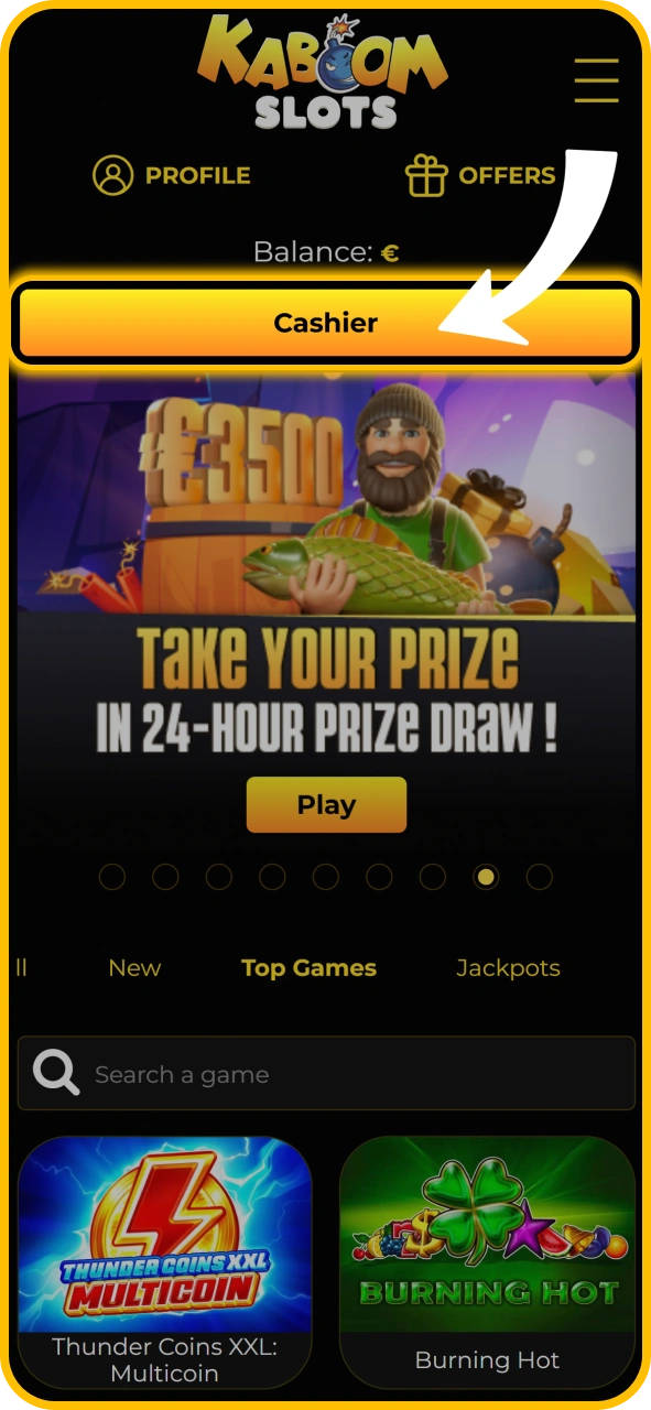 Fund your account balance securely on KaboomSlots official platform.