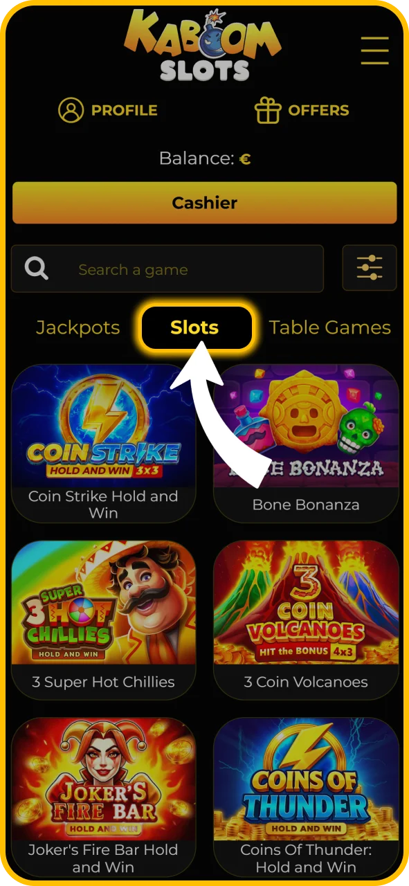 Open the online casino slot lobby at KaboomSlots official.